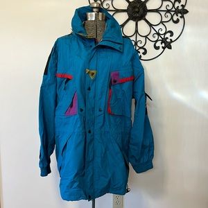 Helly Hansen Equipe vintage long winter ski jacket, teal w/red, purple, M